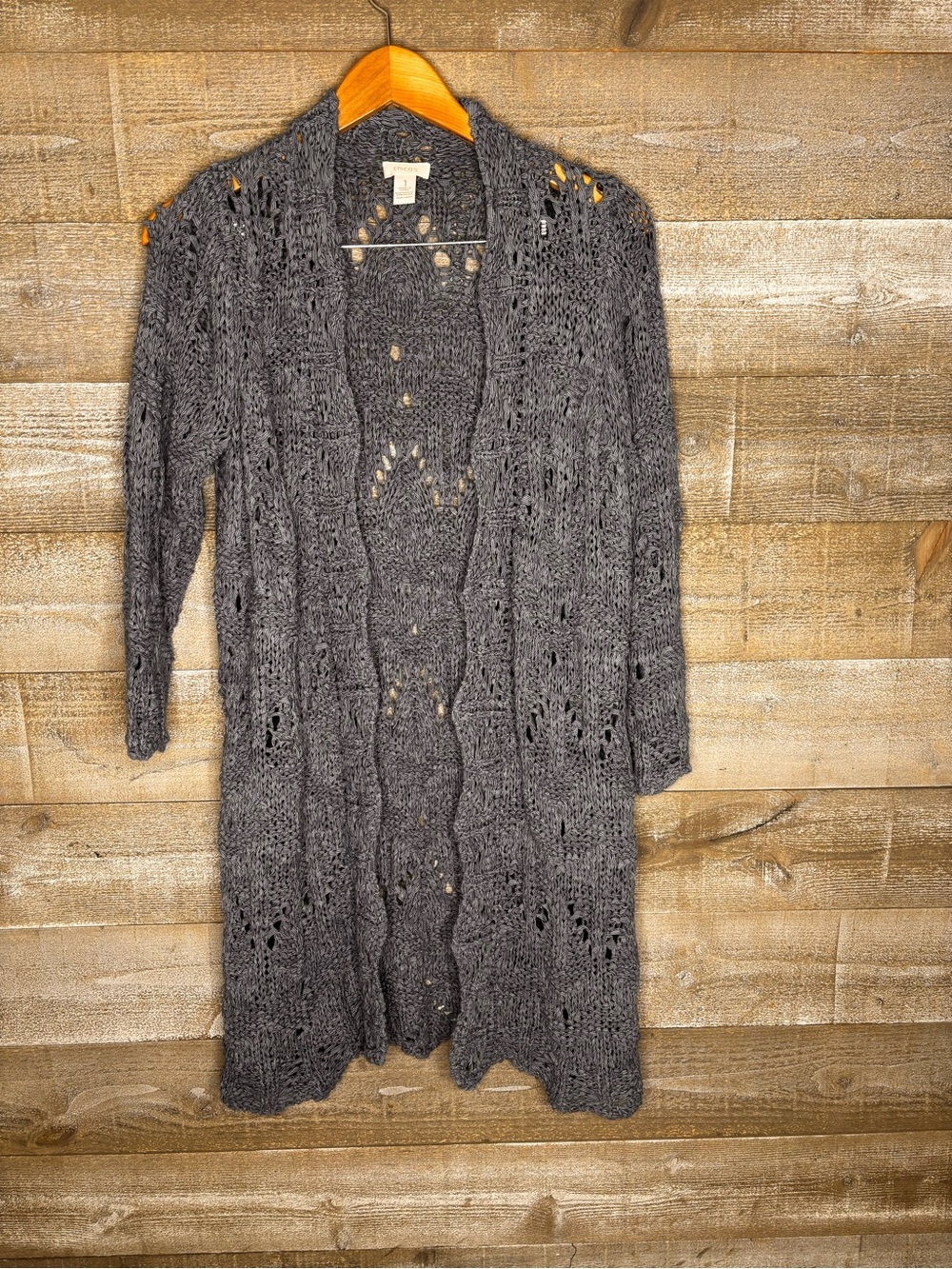 Chicos blue crochet Long Knit Open-Front duster Cardigan Sweater 3/4 sleeve